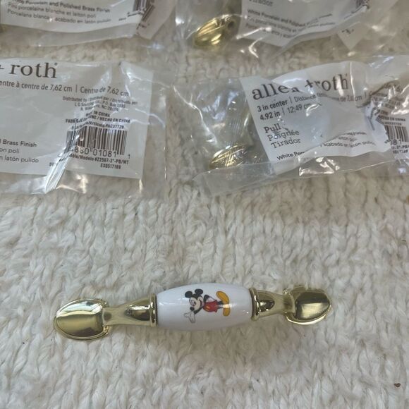 NEW set of 6 Allen +Roth  Mikey Mouse White porcelain & polish brass Drawer pull - Picture 7 of 8